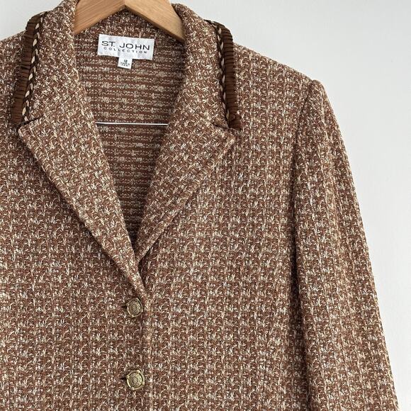 St John Tweed Blazer Jacket 12 Brown Textured Knit Gold Button Fringe Jacket - Picture 3 of 11